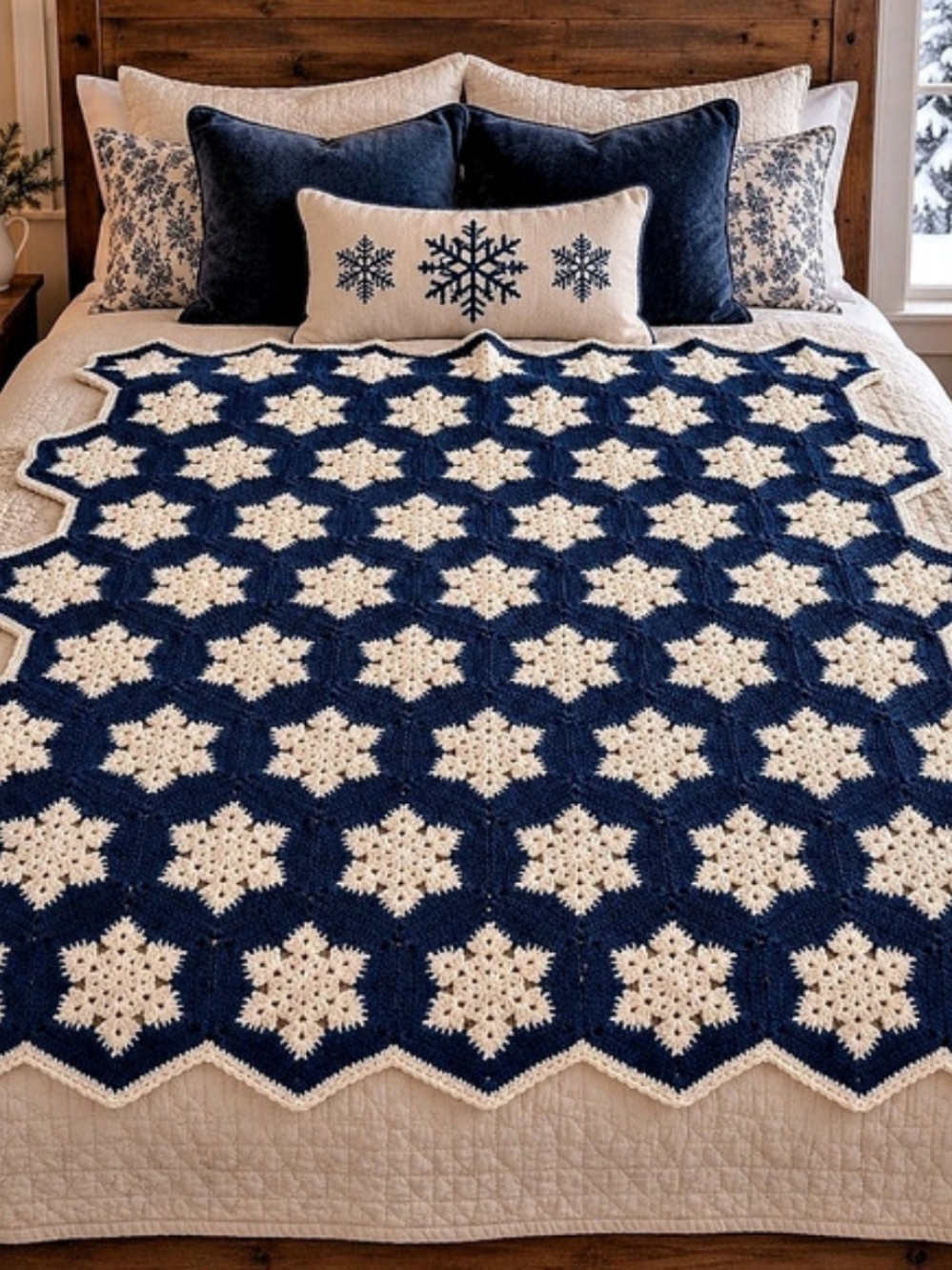 Handmade Crochet Snowflake Afghan Navy Cream Cotton Feel 52x60